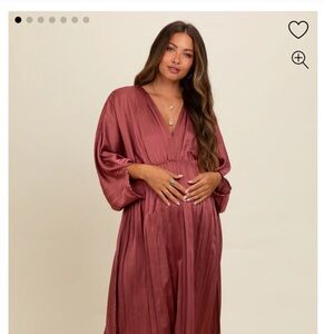 Mauve Satin Pleated V-Neck Maternity Maxi Dress